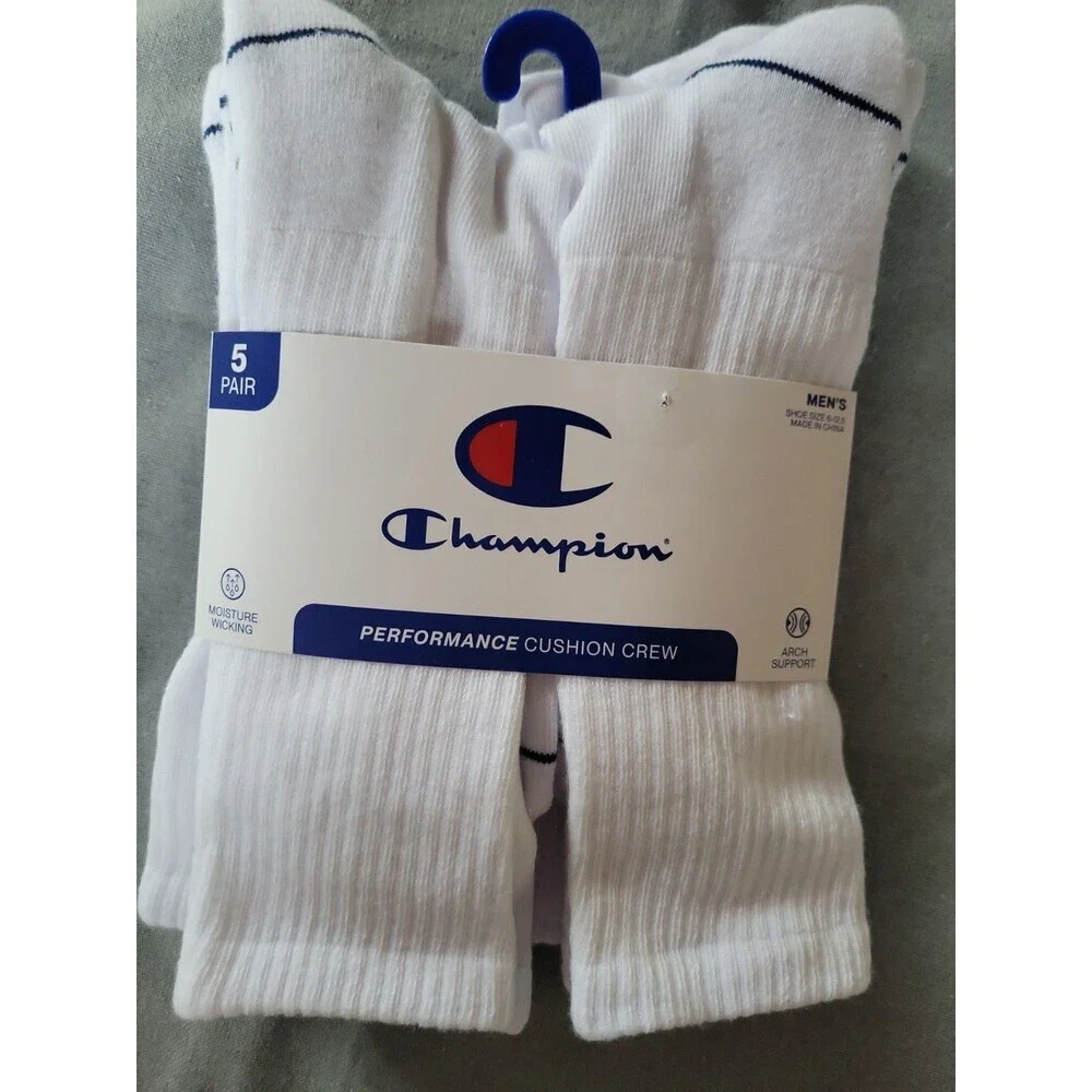 Champion Mens Crew  Socks 5 Prs -Athleticwear SZ 6-12  Cushioned Performance